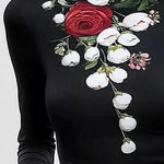 Long Sleeves Skinny Flower Print Split-Joint High Neck T-Shirts Tops
