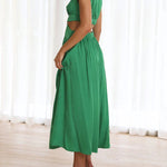 Cap Sleeve Belly-Hollow Pleated Solid Color Stand Collar Maxi Dresses