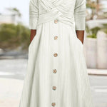 Solid Color Long Sleeve V Neck Cross Button Casual Dress