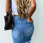 Margovil Ripped Raw Hem Irregular Bodycon Denim Skirt