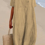 Margovil V Neck Short Sleeve Baggy Cotton Linen Midi Dress