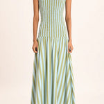 High Neck Sleeveless Smocked Bodice Striped Midi Dress