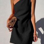 Margovil One Shoulder Sleeveless Cotton Linen Mini Dress