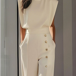 Cap Sleeve Loose Buttoned Solid Color Round-Neck Jumpsuits