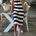 Striped V-Neck Hem Slit Casual Loose Dress