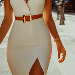 Lapel Short Sleeve Ribbed Bodycon Dress