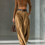 Women's Blended Brown Top And Wide-leg Pants Set
