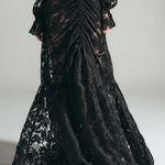 Elegant Women's Black Mesh Fabric Flocked Long-sleeved Maxi Dress