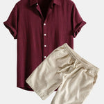 Linen Rayon Blend Button Up Shirt & Linen Cotton Blend Drawstring Shorts