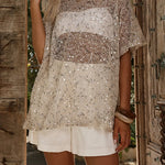 Crewneck Half Sleeves Crochet Hollow Out Sequin Top