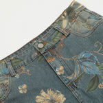 Flower Print Denim Wide Leg Pants