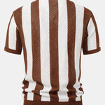 Striped Eyelet Knit Zip Up Polo Shirt & Straight Leg Linen Pants