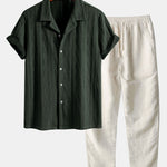 Knitted Geometric Rhombus Jacquard Cuban Shirt & Straight Leg Linen Pants