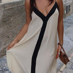 Margovil Spaghetti Strap V Neck Color Block Maxi Holiday Dress
