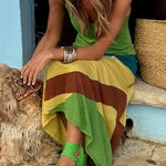 Margovil V Neck Backless Color Block Maxi Cami Dress