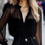 Chic Crew Neck Sheer Sleeves Button Down Shirt