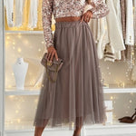 Margovil Solid Elastic Waist Mesh A-line Midi Skirt