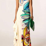 One Shoulder Floral Print Ruffle Hem Slit Maxi Dress