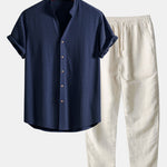 V Neck Linen Rayon Blend Shirt & Straight Leg Linen Pants