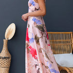 Halter V Neck Lace-up Floral Print Swing Maxi Dress