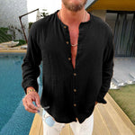 Men's Cotton and Linen Solid Color Long-sleeved Shirt