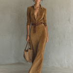 Women's Suede Single-breasted Lapel Belt Maxi Dress
