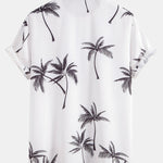 Palm Tree Print Button Up Shirt & Linen Cotton Blend Drawstring Shorts