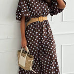 Collared Short Sleeves Button Up Polka Dot Midi Dress