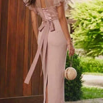 Mockneck Ruffle Short Sleeves Crop Top Back Slit Bodycon Maxi Dress Set