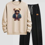 Bear In Leather Jacket Print Relax Fit Sweatshirt & Straight Leg Corduroy Pants