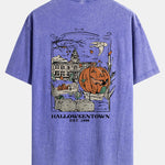 Halloween Pumpkin Town Print Washed Distressed Drop Shoulder T-Shirt
