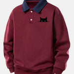 Relax Fit Black Cat Print Contrast Polo Sweatshirt