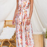 Strapless Bow Waist Floral Print Slit Wide Leg Jumpsuit