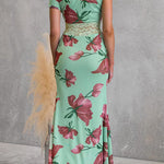 Asymmetrical Shoulder Lace Splice Floral Print Maxi Dress