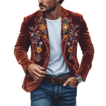 Men's Classic Retro Slim Fit Single Breasted Faux Velvet Embroidered Blazer