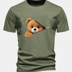 Regular Fit Zipper Bear Print Cotton T-Shirt