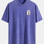 Ghost Drinking Coffee Print Washed Distressed Drop Shoulder T-Shirt