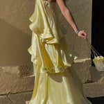 Margovil Adjustable Strap Ruffle Layered Satin Maxi Dress