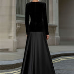 Black Velvet & Satin Long-Sleeve A-Line Evening Gown