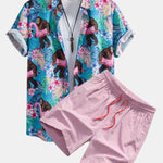 Tropical Plants And Orangutan Print Button Up Shirt & Swim Shorts