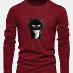 Long Sleeve Black Cat Drinking Coffee Print Cotton T-Shirt