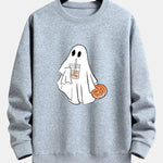 Halloween Ghost Drinking Coffee Pumpkin Print Relax Fit Sweatshirt