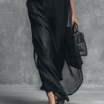 Women's Simple Style Black Chiffon Crinkle Sleeveless Stand-collar Long Dress