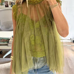 Solid Mockneck Tulle Cover Up Top with Crop Lace Camisole