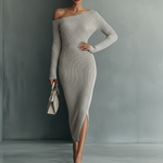 Women's Gray One-shoulder Knitted Dress