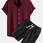 Linen And Rayon Blend Stand Collar Shirt & Linen Cotton Blend Drawstring Shorts