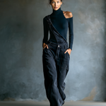 Women's Black Cotton One-shoulder Turtleneck Top And Blue-grey Denim Loose-fitting Overalls Set