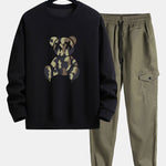 Camouflage Dissolving Bear Print Relax Fit Sweatshirt & Chino Cargo Jogger Pants