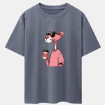 Pink Panther Drinking Coffee Print Drop Shoulder Oversize T-Shirt