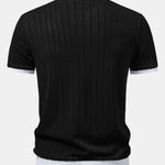 Striped Textured Johnny Collar Open Knit Polo